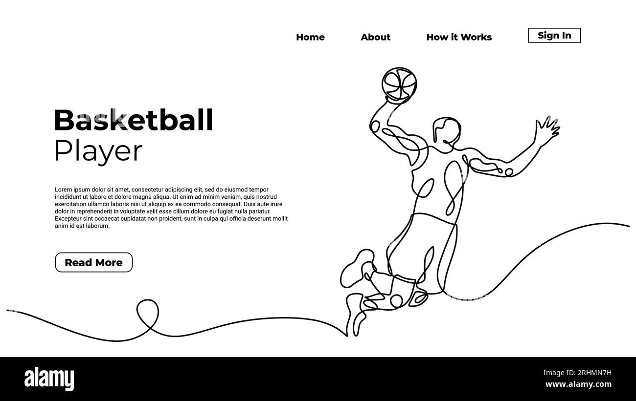 Basketballspieler im Slamdunk-Stil, durchgehende einzeilige Kunstzeichnung, Vektor-Silhouettenillustration, Menschen springen. Gut für die Landing-Page el mit Sportgrafik Stock Vektor
