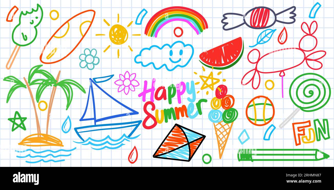 Sommer lustige Hand gezeichnete Symbole Vektor-Set. Obst, Eis, Sonne, Kite. Wie bunte Buntstifte, Pastell, Süßigkeiten, Regenbogen, Kokos, Kreide, Boot, Klo Stock Vektor