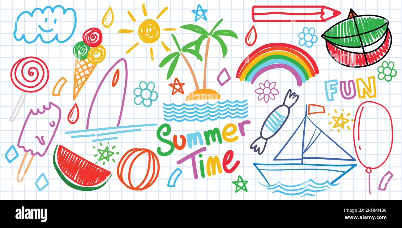 Sommer lustige Hand gezeichnete Symbole Vektor-Set. Obst, Eis, Sonne, Kite. Wie bunte Buntstifte, Pastellfarben, Kreide oder Bleistiftstrich für Kinder. Doodle Cartoon AR Stock Vektor