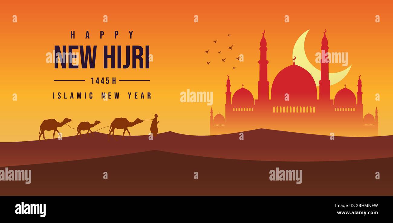 Glückliches neues hijri Jahr 1445 Hintergrund mit Mond, Vogel, Moschee, arabischem Buchstaben, Menschen und Kamel auf Wüste am Nachmittag. Islamisches Banner-Poster. Stock Vektor