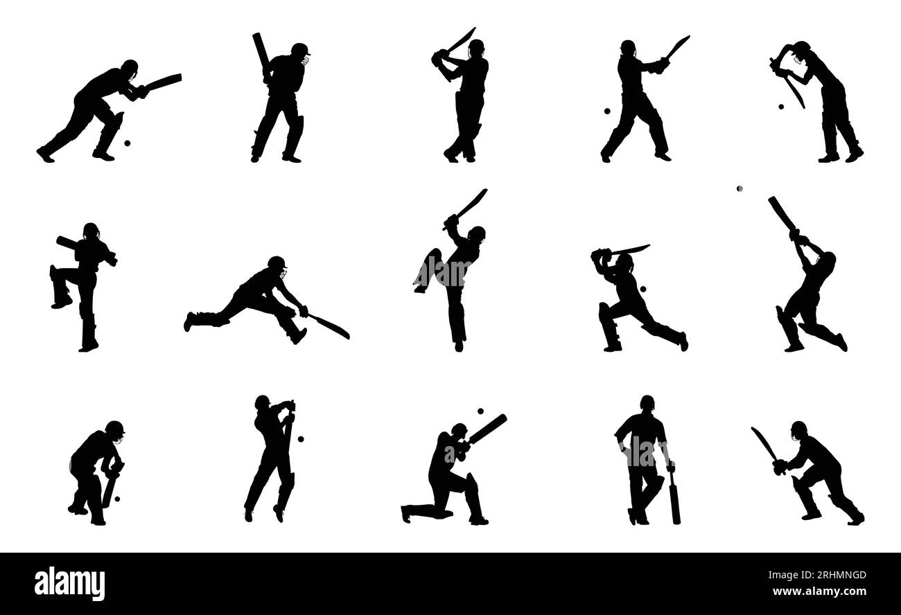 Cricket-Spieler-Silhouette, Cricket-Batsman für Männer und Cricket-Spieler-Silhouette für Männer auf weißem Hintergrund. Stock Vektor