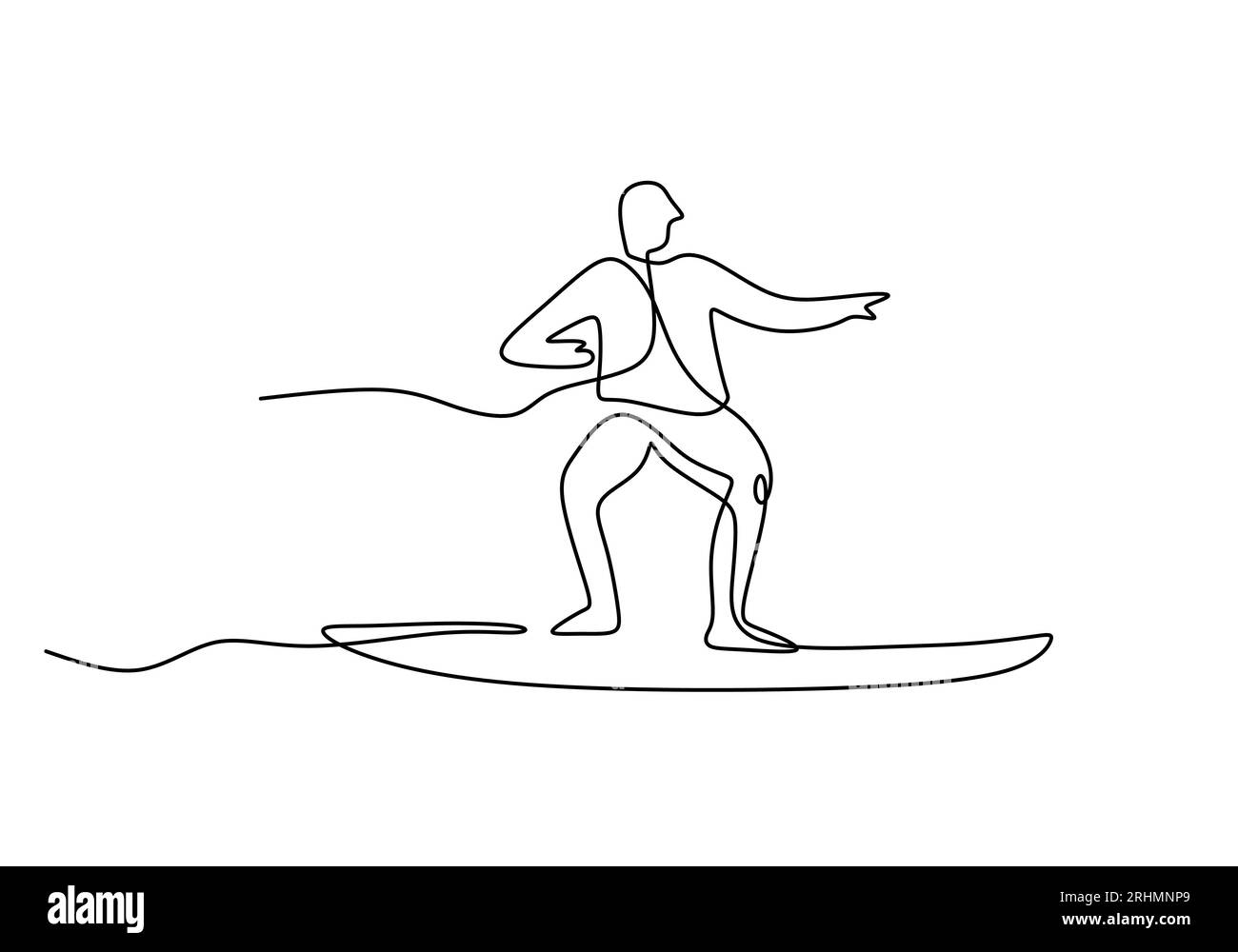 Mann, der Surfbrett spielt, eine Linienzeichnung: Ununterbrochener handgezeichneter Sport Stock Vektor