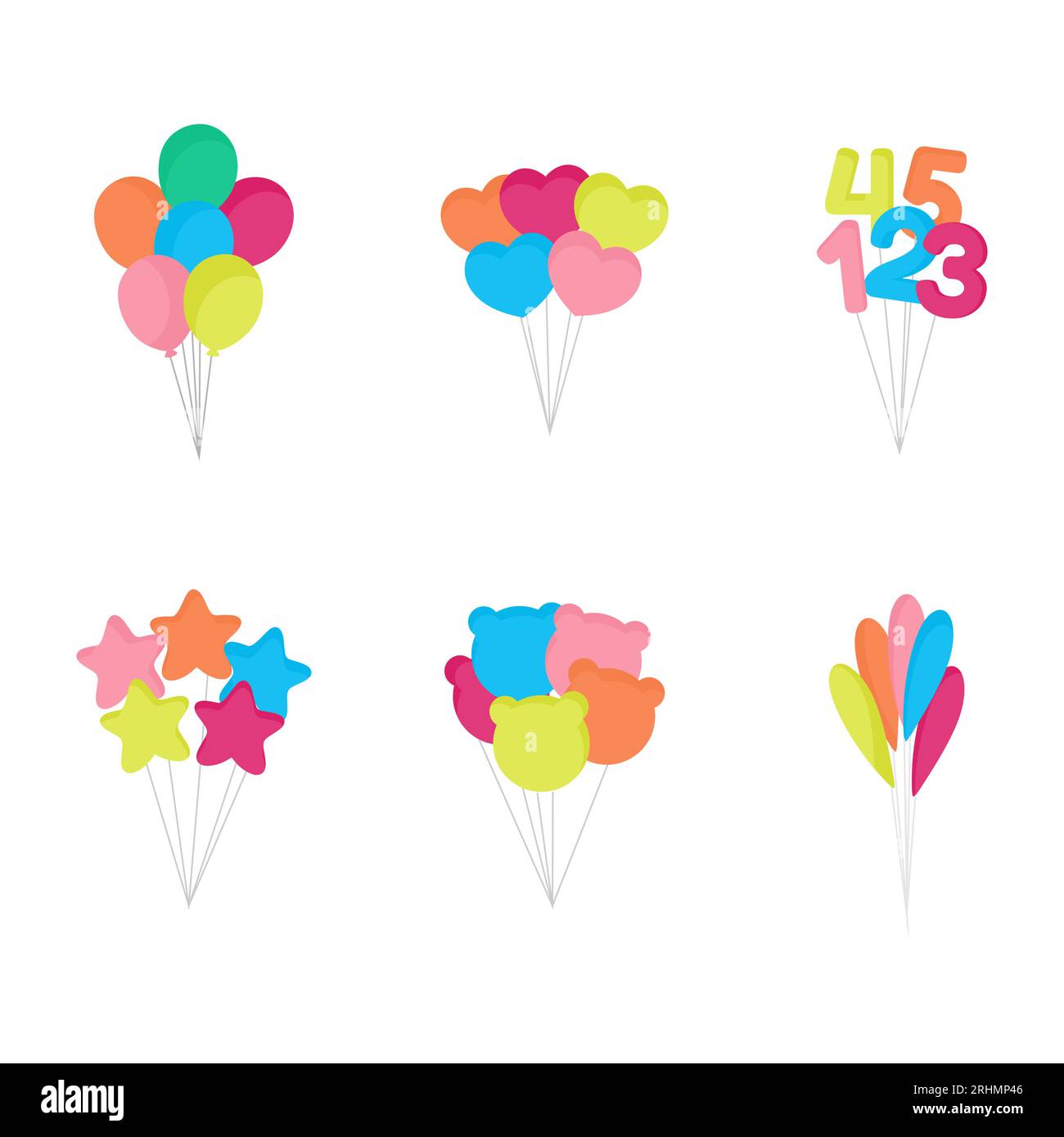 Geburtstagsballon setzt bunte Objekte im flachen Elementstil isoliert auf weißem Hintergrund. Stock Vektor