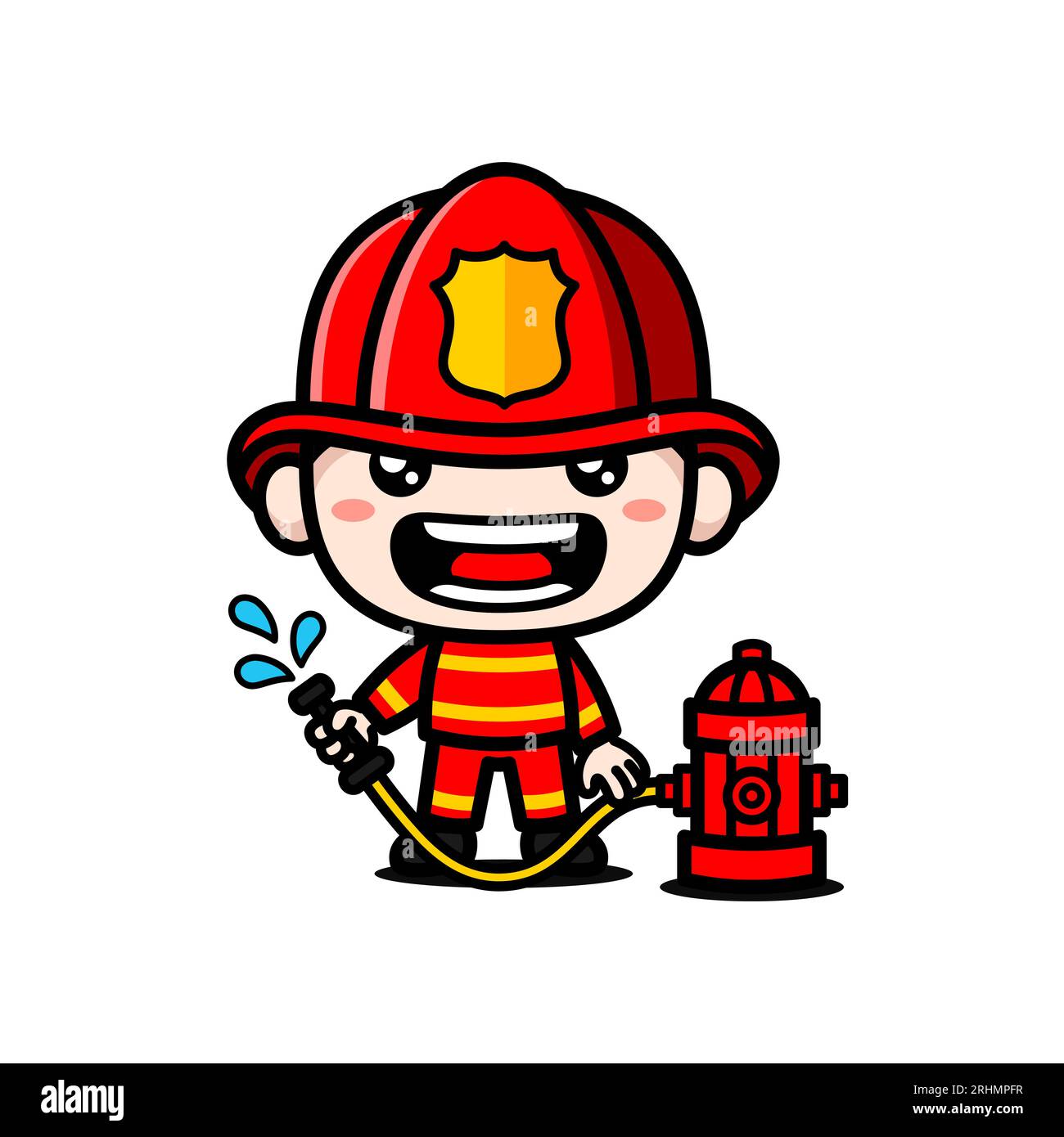 Niedliche Feuerwehrmann-Cartoon-Figur Mit Wasserhydrant Stock Vektor
