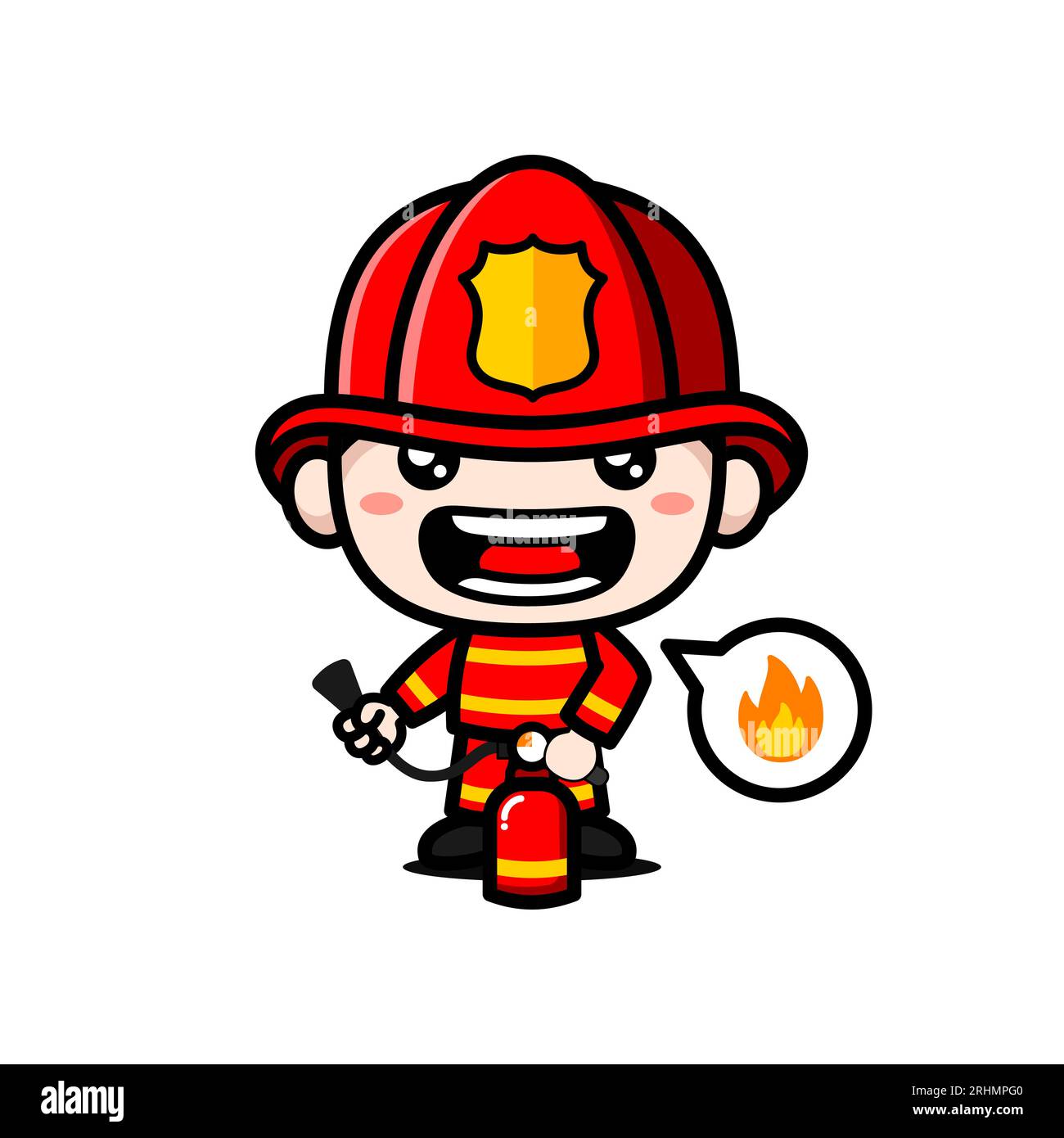 Süße Feuerwehrmann-Cartoon-Figur Mit Feuerlöscher Stock Vektor
