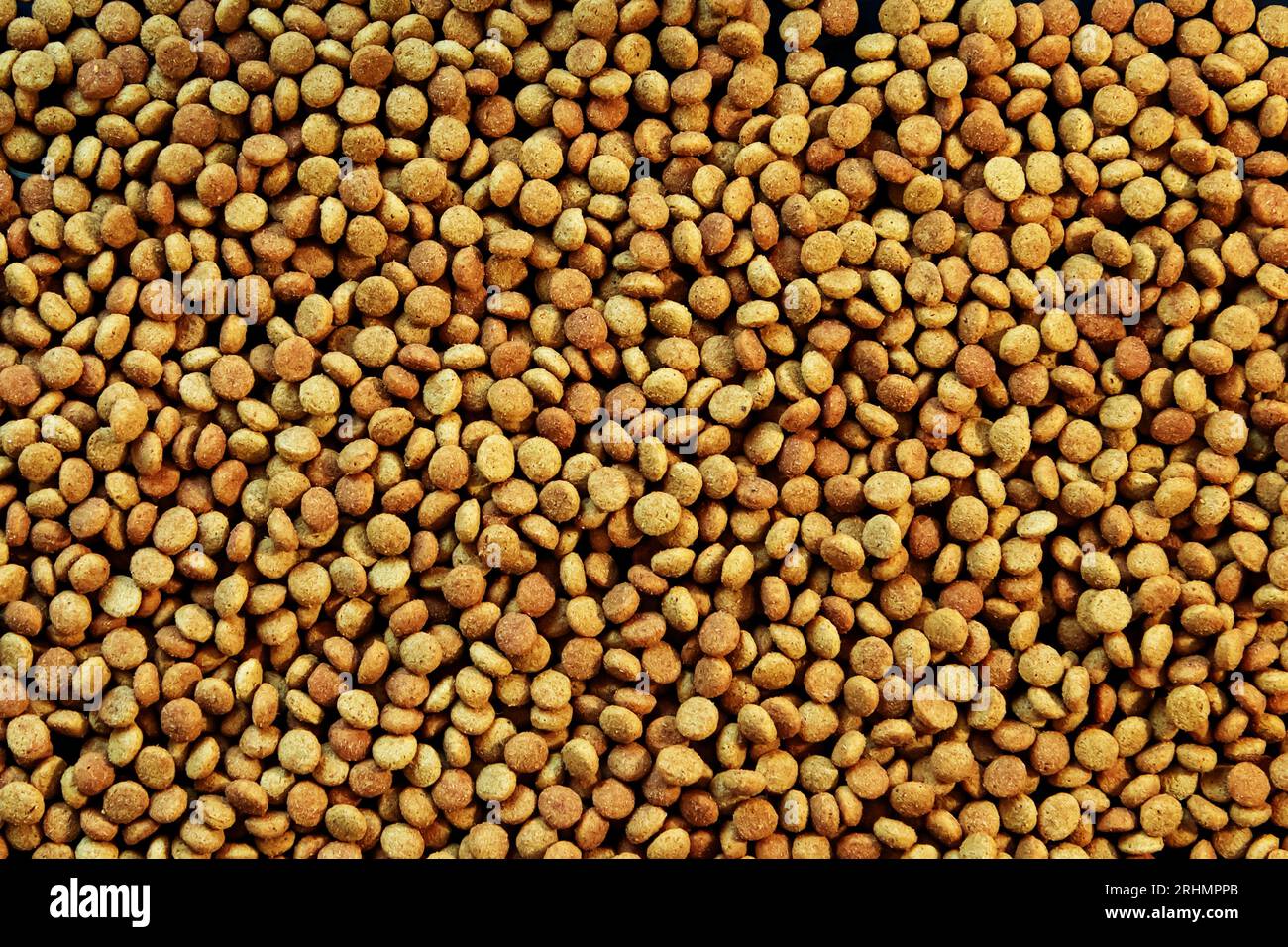 Hintergrundtrockenes körniges Haustierfutter. Vollständiges Nährstoffgranulat für Hunde und Katzen. Stockfoto