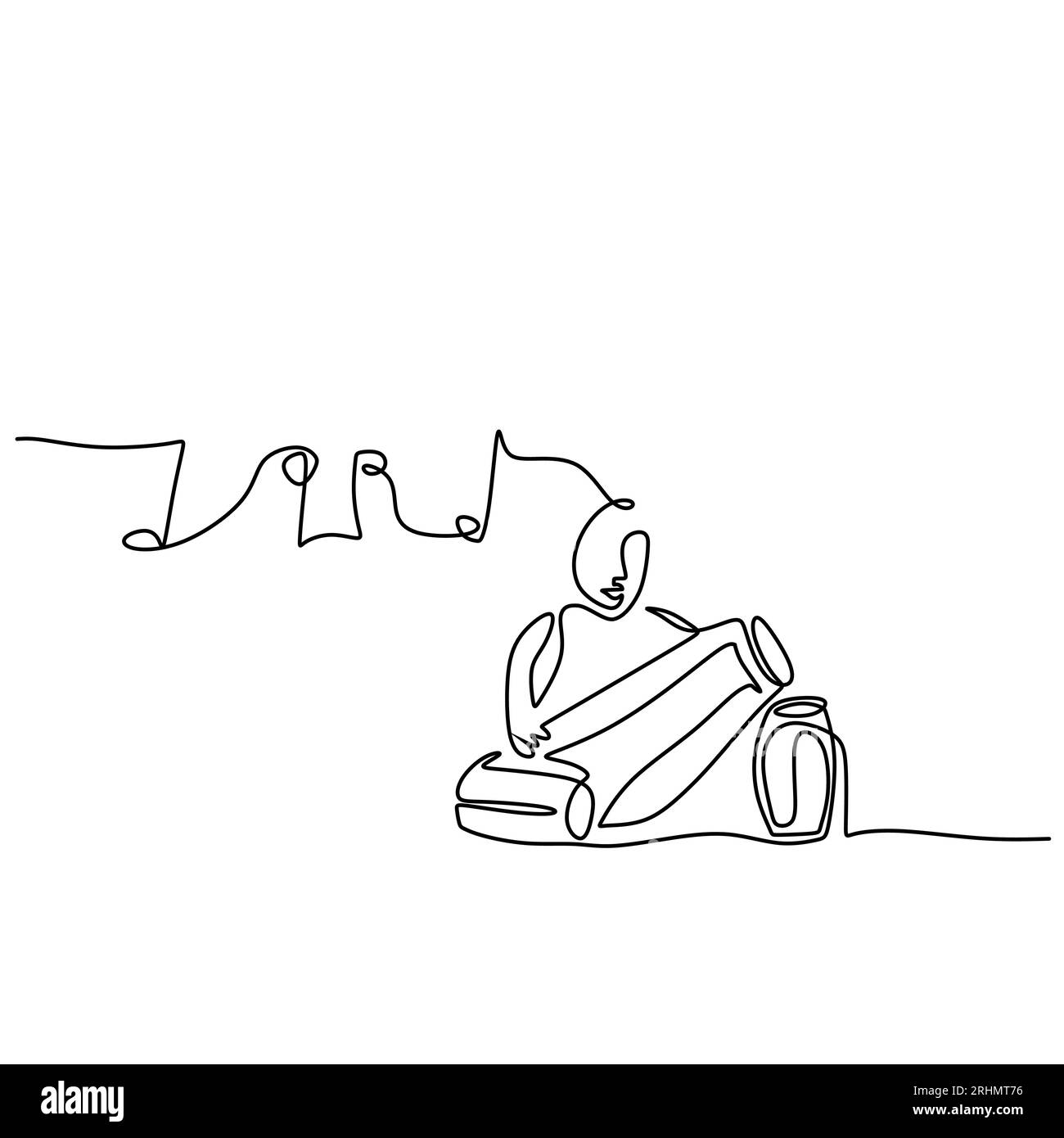 Eine einzige durchgehende Linie von Mann spielt Vintage-Schlagzeug mit Musiknoten isoliert auf weißem Hintergrund. Stock Vektor