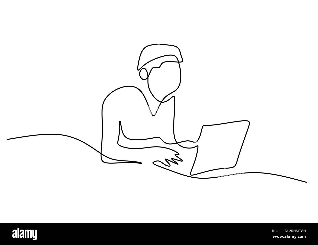 Eine durchgehende einzelne Zeile von Mann, der auf Laptop schreibt, isoliert auf weißem Hintergrund. Stock Vektor