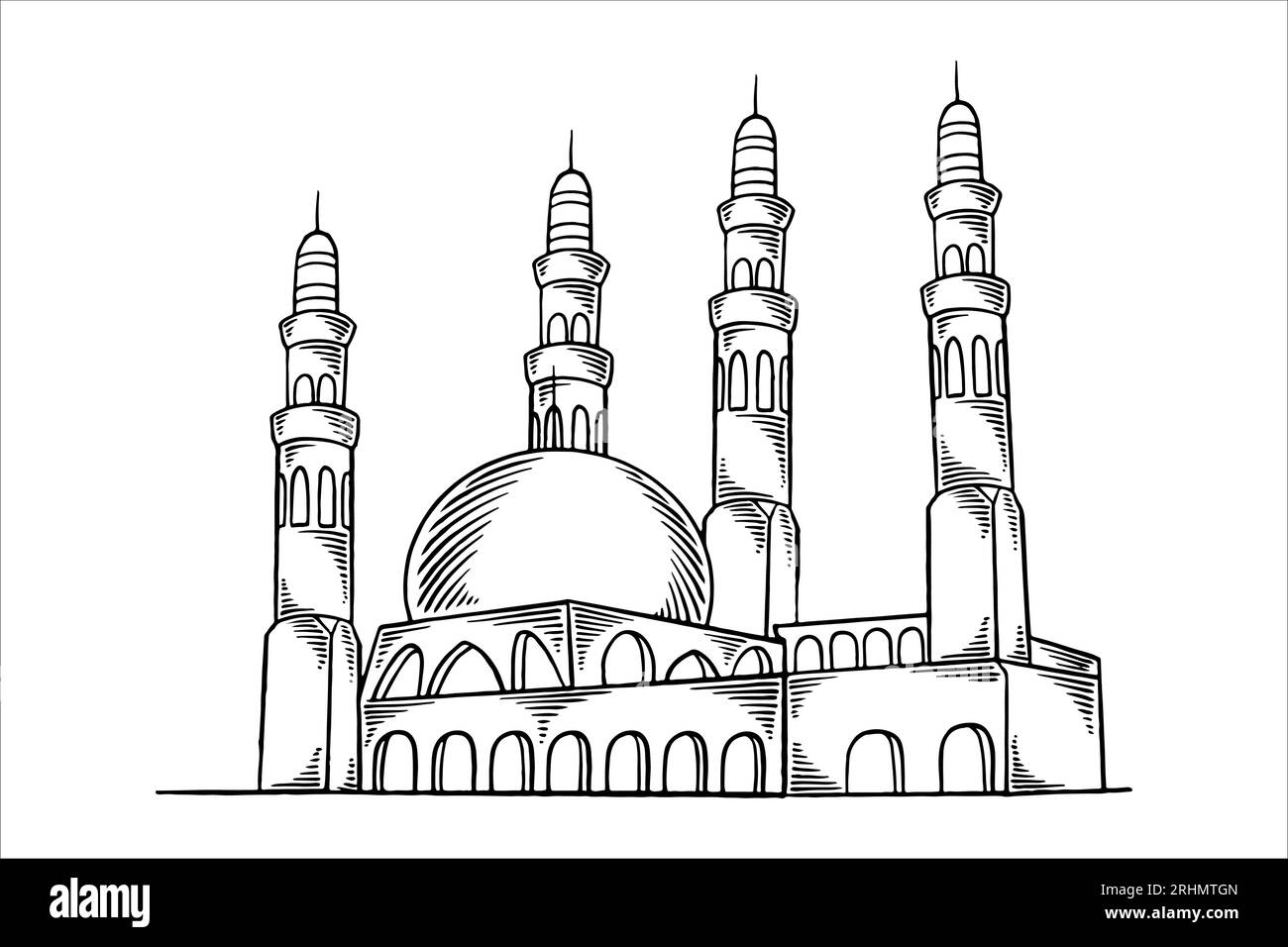 Von Hand gezeichnet oder Skizze einer großen Moschee als islamisches Ornamentelement für ramadan isoliert auf weißem Hintergrund im schwarzweißen Stil. Stock Vektor
