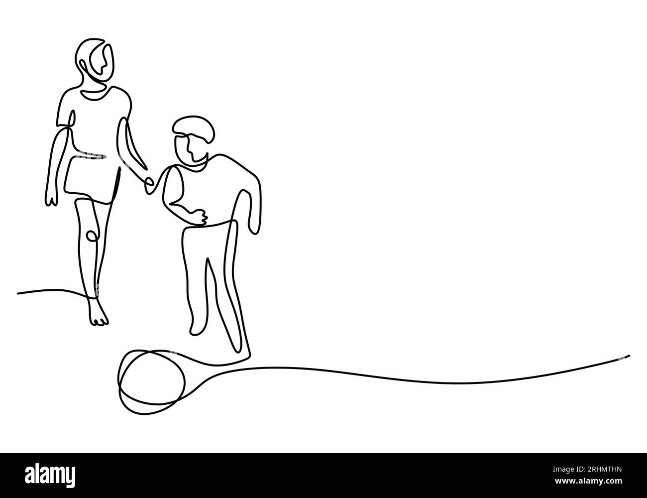 Eine durchgehende Einzellinie der Mutter, die mit ihrem Sohn Fußball spielt, isoliert auf weißem Hintergrund. Stock Vektor
