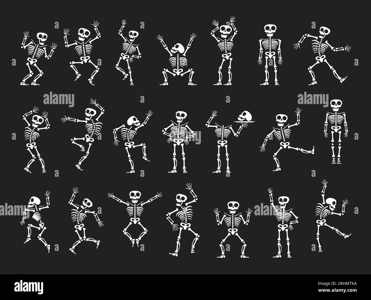 Skelette tanzen mit verschiedenen Positionen flaches Design Vektorbildungs-Set. Lustiger Tanz Halloween oder Day of the Dead Skeletons Sammlung. Stock Vektor