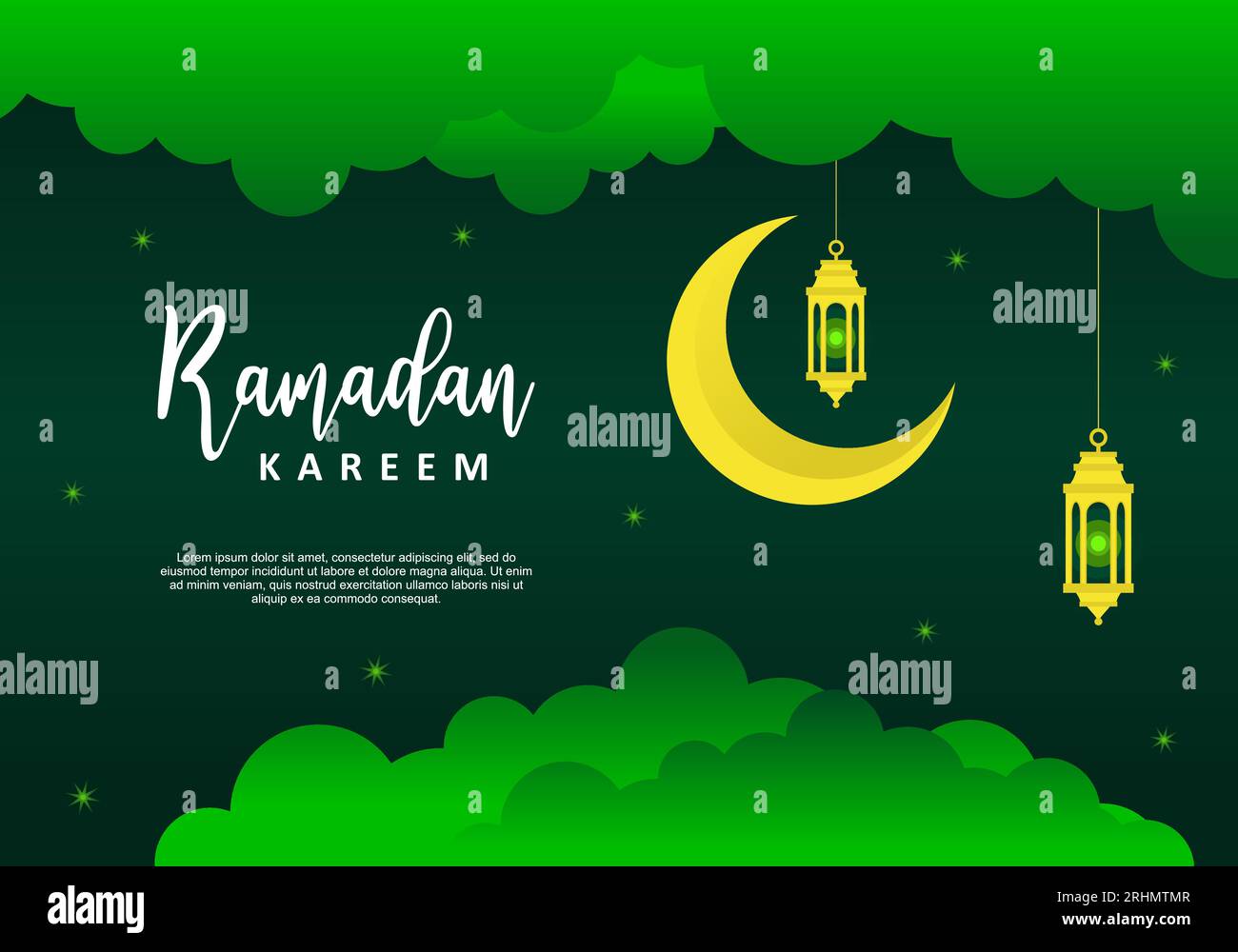 Ramadan kareem Hintergrund Banner Poster Grußkarte mit gelbem Mond, Laterne isoliert auf grünem Hintergrund. Stock Vektor