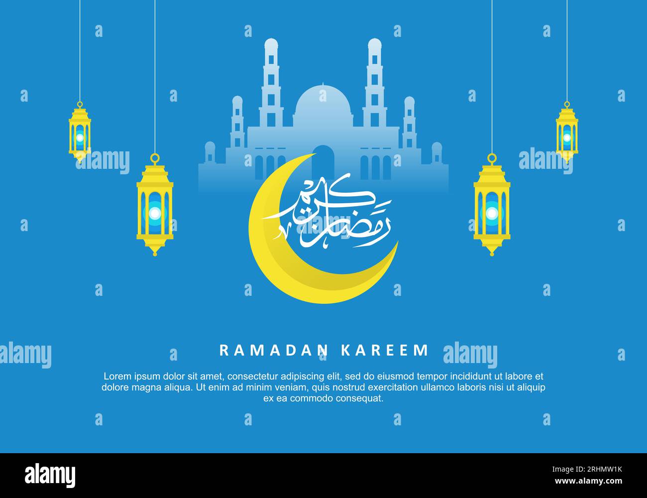 Ramadan kareem Hintergrund Banner Poster Grußkarte mit gelbem Mond, Laterne und große Moschee isoliert auf blauem Hintergrund. Stock Vektor