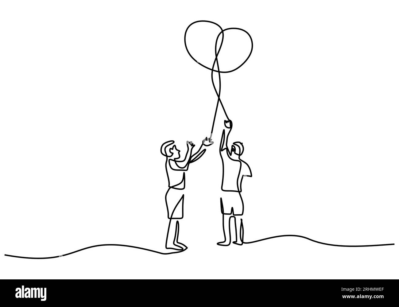 Eine durchgehende Einzellinie von zwei Jungen, die Ballons auf weißem Hintergrund spielen. Stock Vektor
