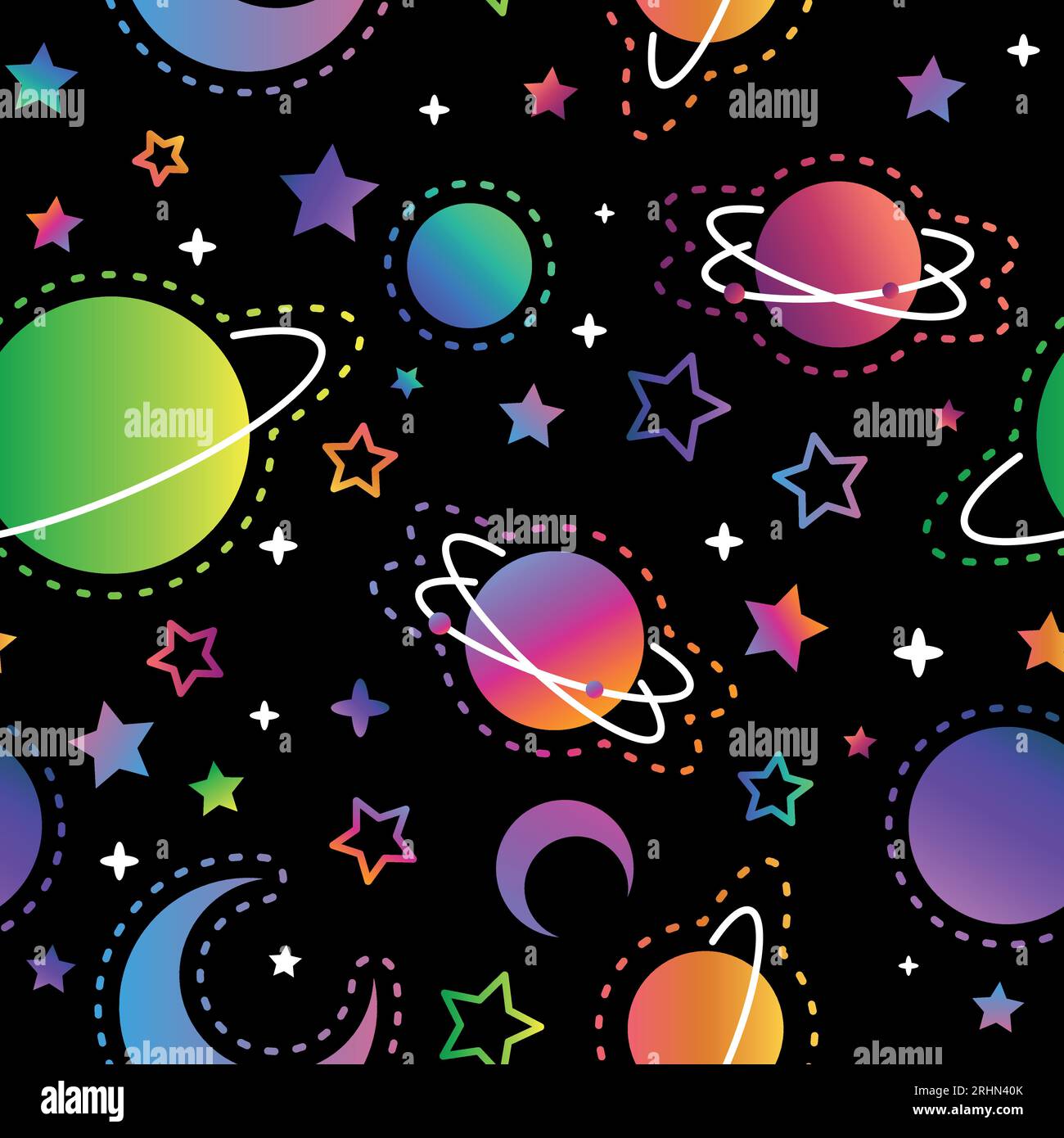 Nahtloses Neonmuster am Nachthimmel. Skizzieren Sie Mond, Raumplaneten und handgezeichnete Sternvektorillustration. Astronomische Symbole dekorative Textur. Cosmi Stock Vektor