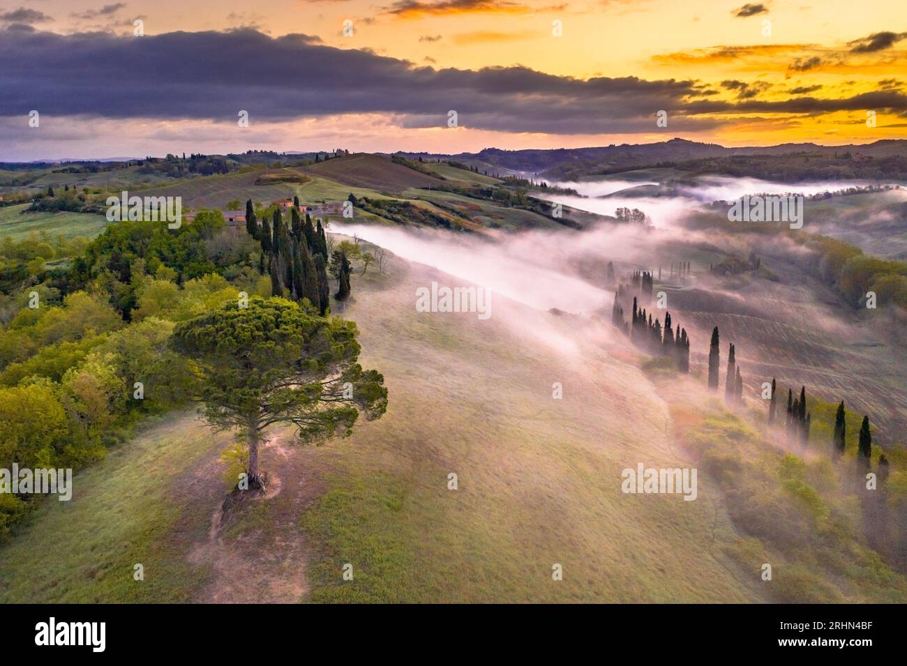 Traumhafte Landschaft mit sanften Hügeln, Zypressen und Morgennebel bei Sonnenaufgang in der Toskana, Italien, April. Stockfoto