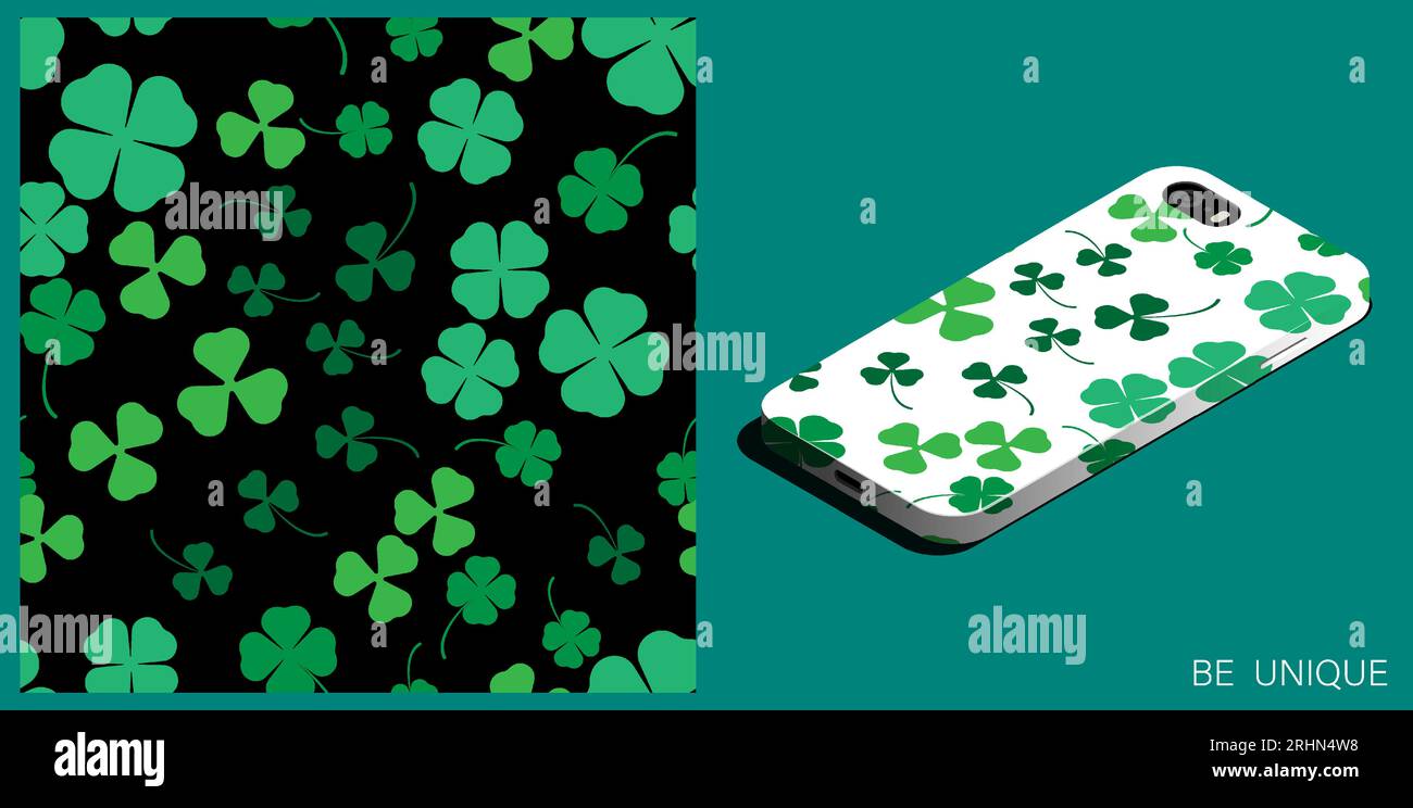 Modernes Smartphone in einzigartiger Hülle mit nahtlosen drei- und vierblättrigen Kleemustern. Blumenschmuck mit Kleeblatt. Isometrische Draufsicht. Vektorornam Stock Vektor