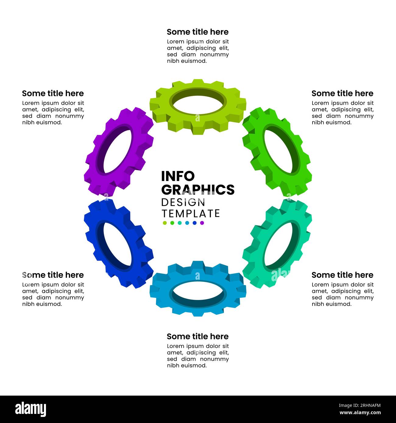 Infografikvorlage mit 6 Optionen oder Schritten. 3D-Zahnräder. Kann für Workflow-Layout, Diagramm, Banner und Webdesign verwendet werden. Vektorillustration Stock Vektor