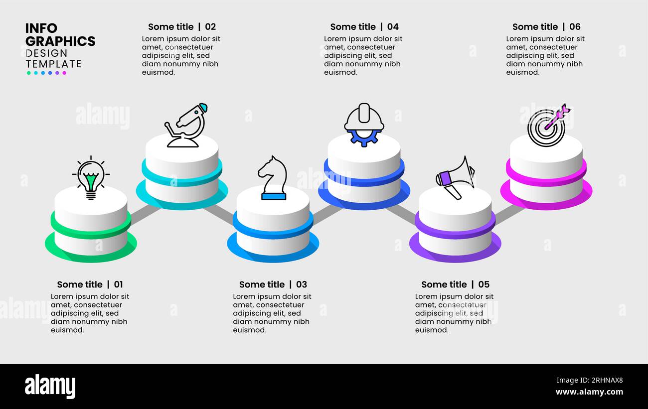 Infografikvorlage mit Symbolen und 6 Optionen oder Schritten. Isometrische Spalte. Kann für Workflow-Layout, Diagramm, Banner und Webdesign verwendet werden. Vektorillustra Stock Vektor