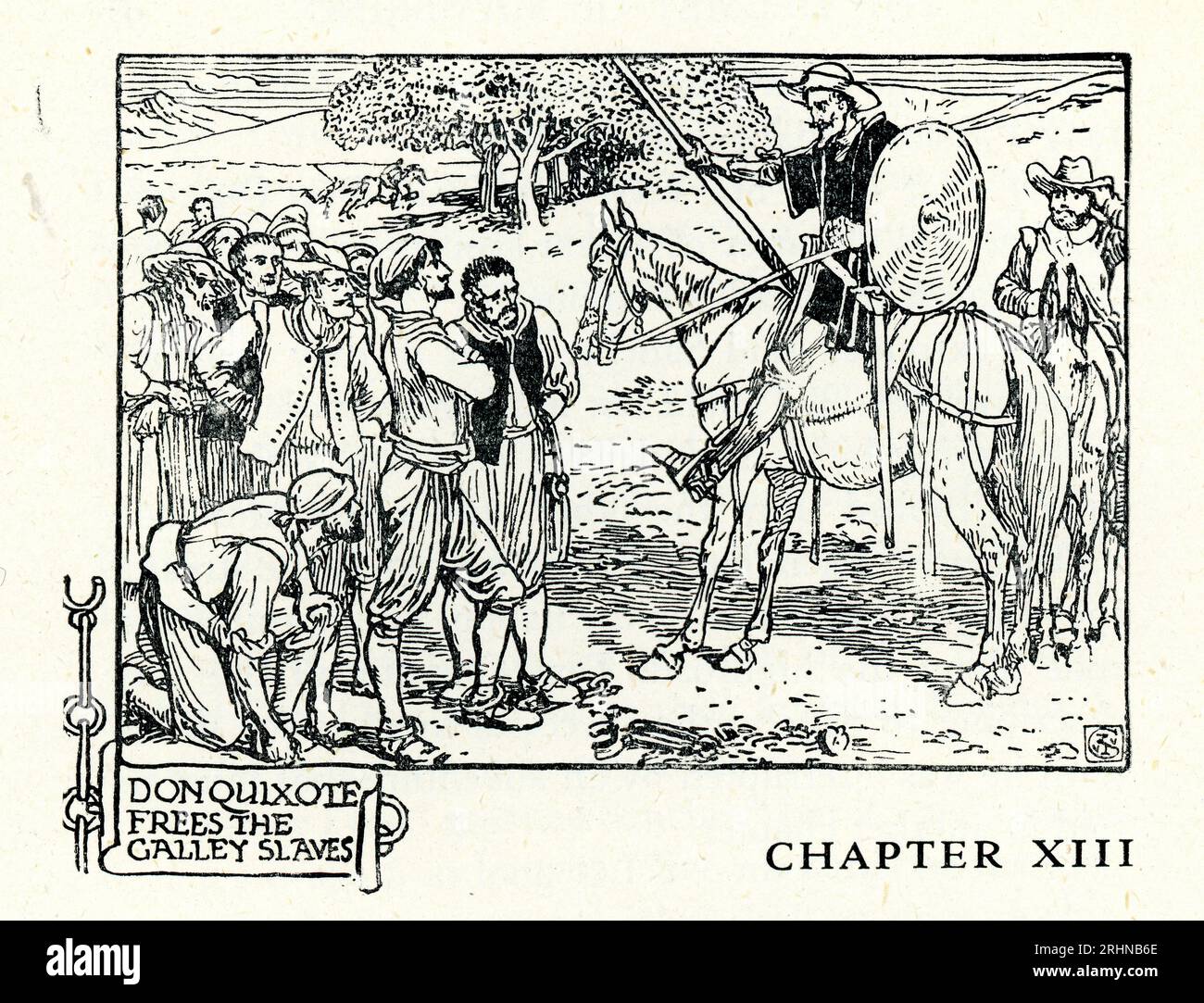 Don Quijote von la Mancha, befreit die Galeeren-Sklaven von Walter Crane, Don Quijote ist ein spanischer Roman von Miguel de Cervantes. Stockfoto