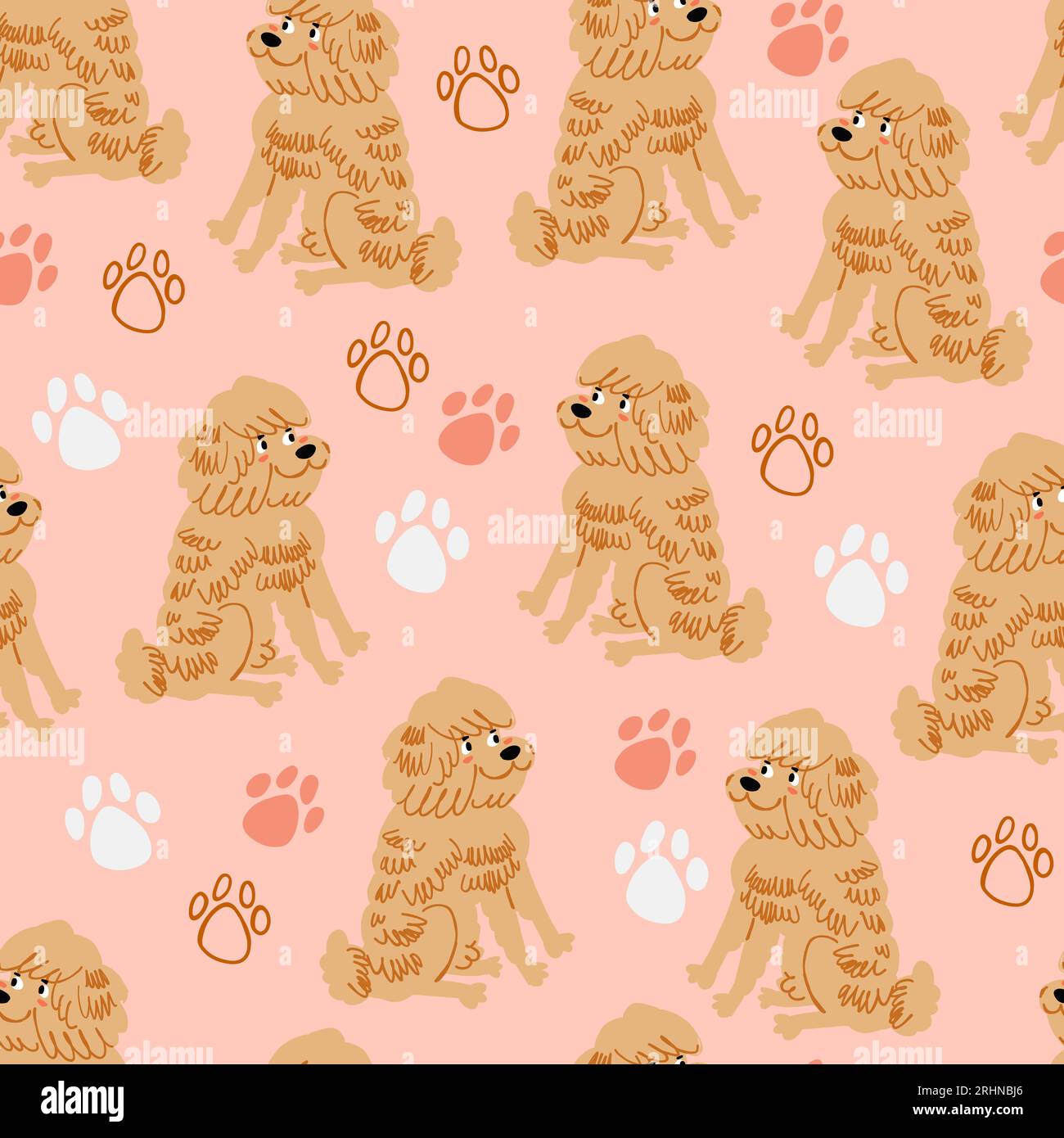 Nahtloses Vektor-Muster mit süßen flauschigen Hunde- und Pfotendrucken, Kindermuster mit Hunden auf rosa Hintergrund. Handgezeichnetes Tiermuster. Vektorillustration Stock Vektor
