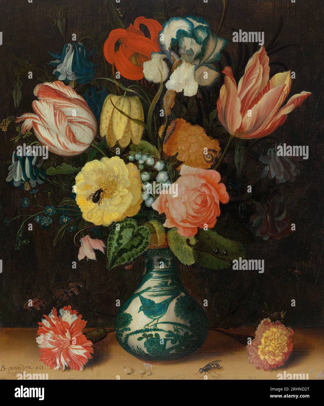 Stillleben mit Tulpen, Rosen und Nelken in einer Wan Li Porzellanvase mit Schmetterling und Insekten. Museum: PRIVATSAMMLUNG. VERFASSER: BALTHASAR VAN DER AST. Stockfoto