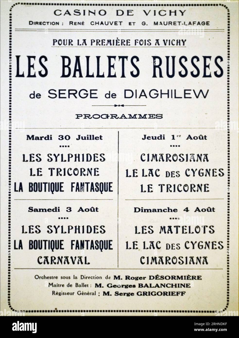 Affiche des Ballets russes du 30 juillet au 4 août 1929 à l'Opéra de Vichy. Museum: PRIVATSAMMLUNG. Autor: Historisches Objekt. Stockfoto