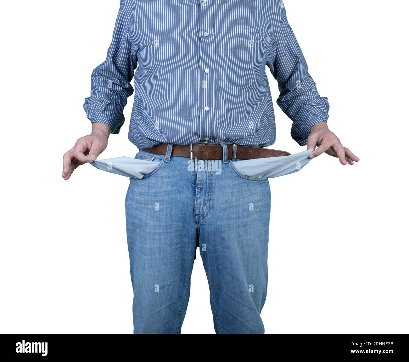 Ein Mann ohne Geld mit leeren Taschen auf transparentem Hintergrund Stockfoto