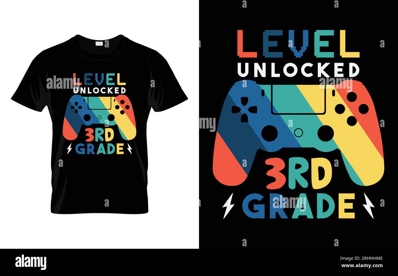 „Level entsperrt“-T-Shirt-Design mit „Back to School“-Schriftzug für die 3. Klasse Stock Vektor