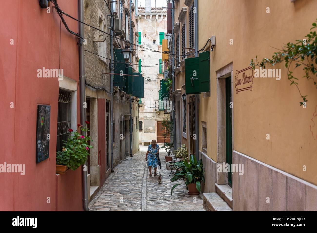 Malerische Kopfsteinpflasterstraße Altstadt, Rovinj, Istrien, Kroatien Stockfoto