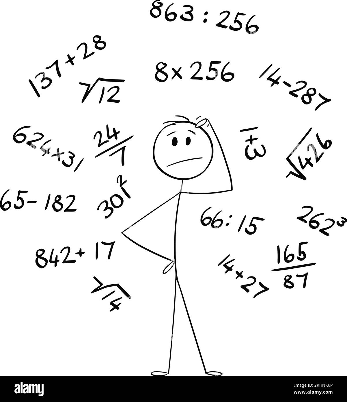 Person oder Student, die über Zahlen und mathematische Formeln nachdenkt, Teilen oder Verkauf, Vektor-Zeichentrick-Abbildung Stock Vektor