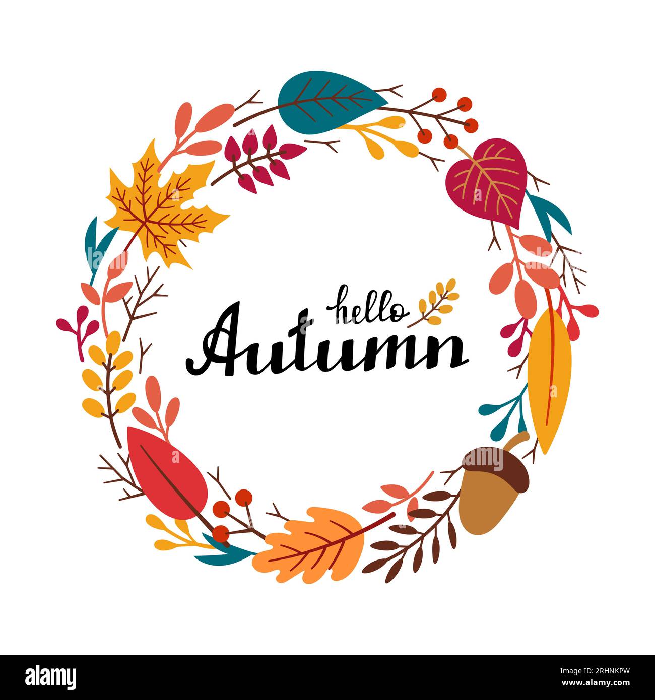 Herbstdekorativer runder Rahmen, Schablone mit Herbstelementen - Blätter, Zweige, Eichel, Beeren und Schriftzug HALLO HERBST. Von Hand gezeichnete Vektorgrafik im Doodle-Stil. Stock Vektor