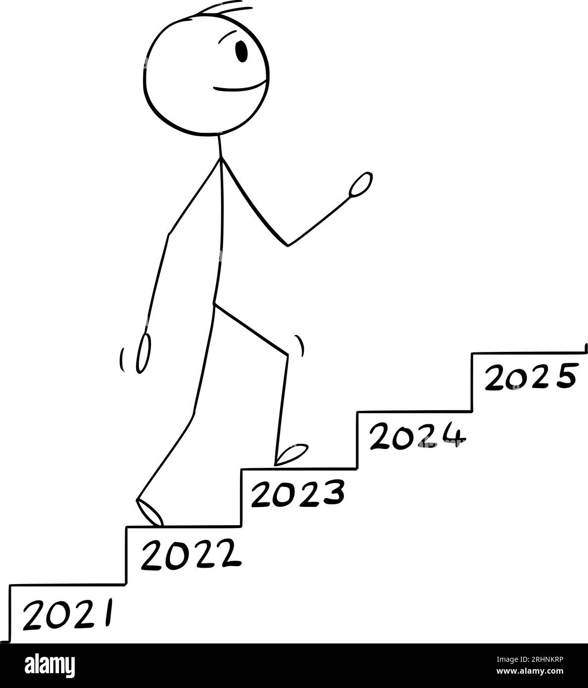 Person, die von 2023 bis zum nächsten Jahr 2024 auf der Treppe läuft, Vektorcartoonstabfigur oder Charakterillustration. Stock Vektor