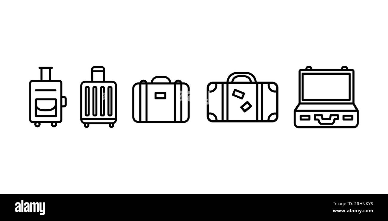 Set und Sammlung von Gepäcksymbolen. Koffer, Koffer, Rollwagen, Reisetasche. Symbole für dünne Linien. Symbol für bearbeitbare Kontur. Vektorillustration Stock Vektor