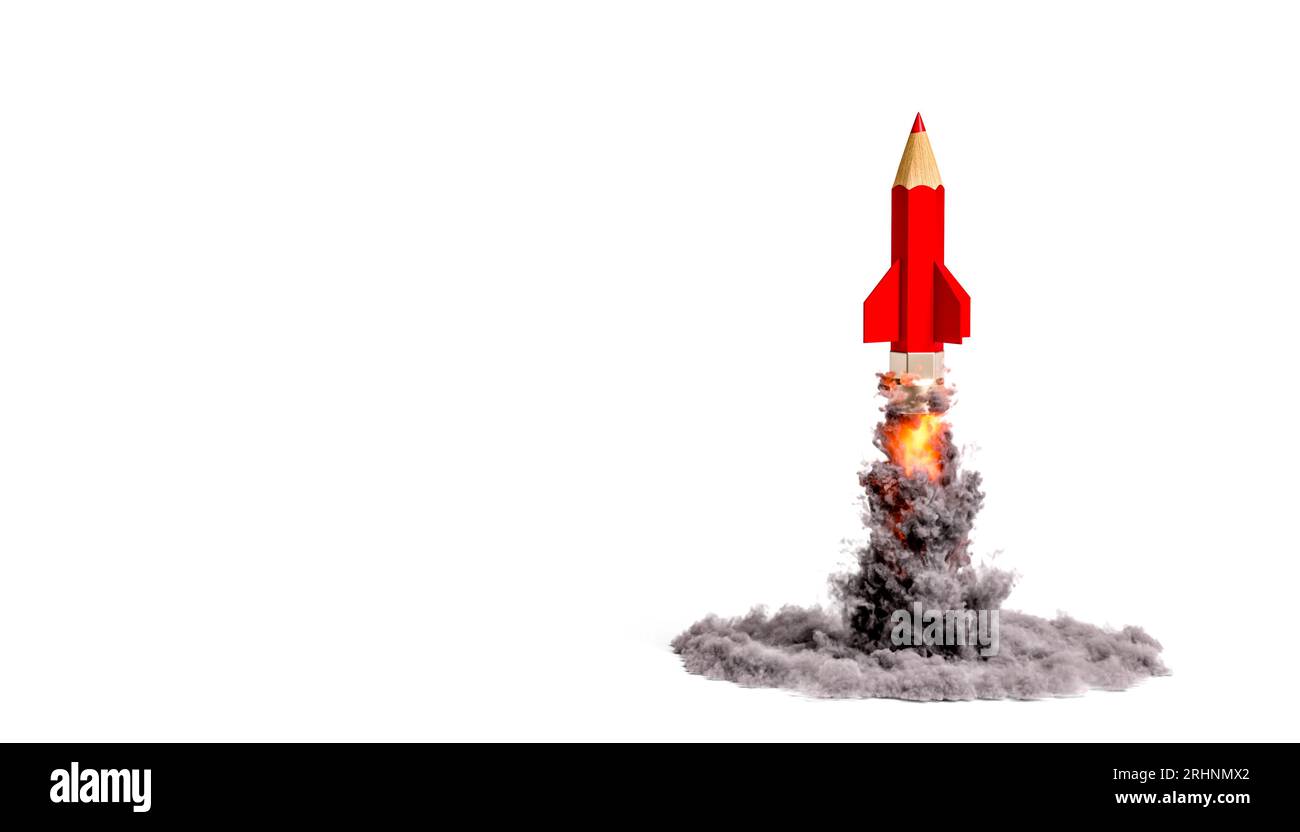 Raketenbleistift bläst Rauch auf weißem Hintergrund. 3D-Rendering Stockfoto