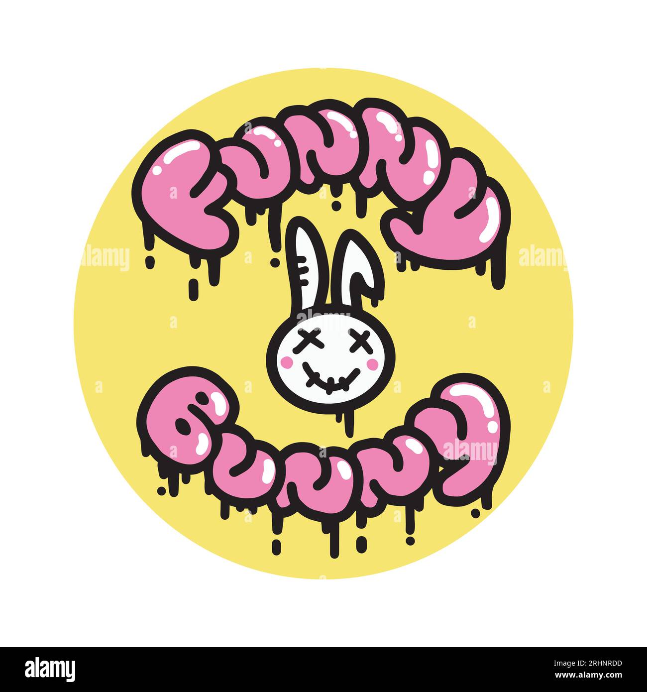 Lustige Hasenpuppe mit weißem Kaninchen im Street-Art-Stil mit Graffiti-Schriftzug. Pinkfarbener Schriftzug im urbanen Stil. Vektorillustration. Hippie-Aufkleber für T-Shirts, Wallpaper, Handyhülle. Stock Vektor