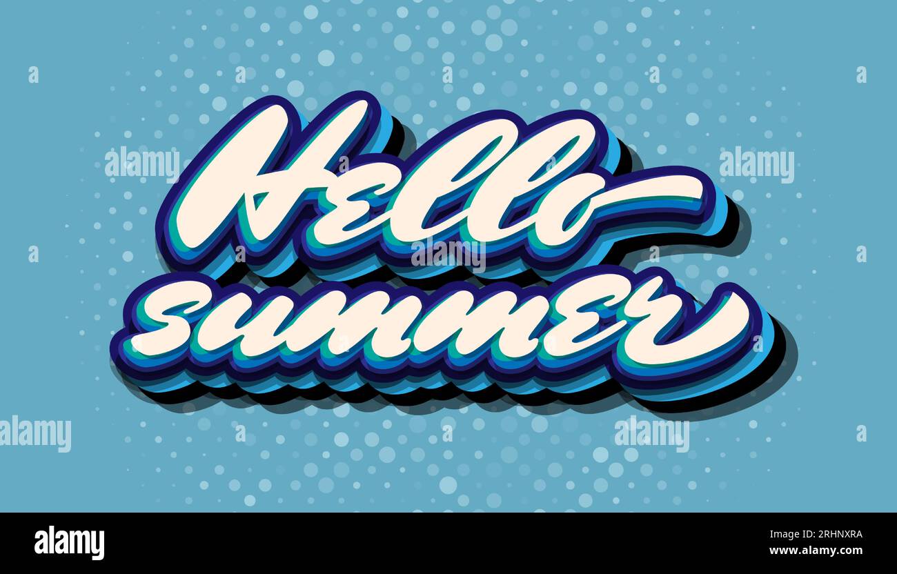 Hallo Sommer Poster mit Vintage und Cartoon Brief Stil isoliert auf blauem Hintergrund Stock Vektor