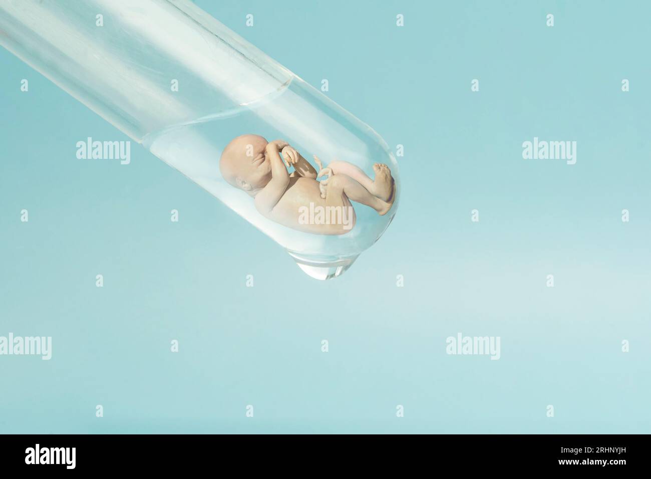 Die künstliche Besamung. Reagenzgläser Baby, IVF. Ein menschlicher Embryo in einem Glasröhrchen auf blauem Laborhintergrund. Der Begriff der künstlichen Insemination o Stockfoto