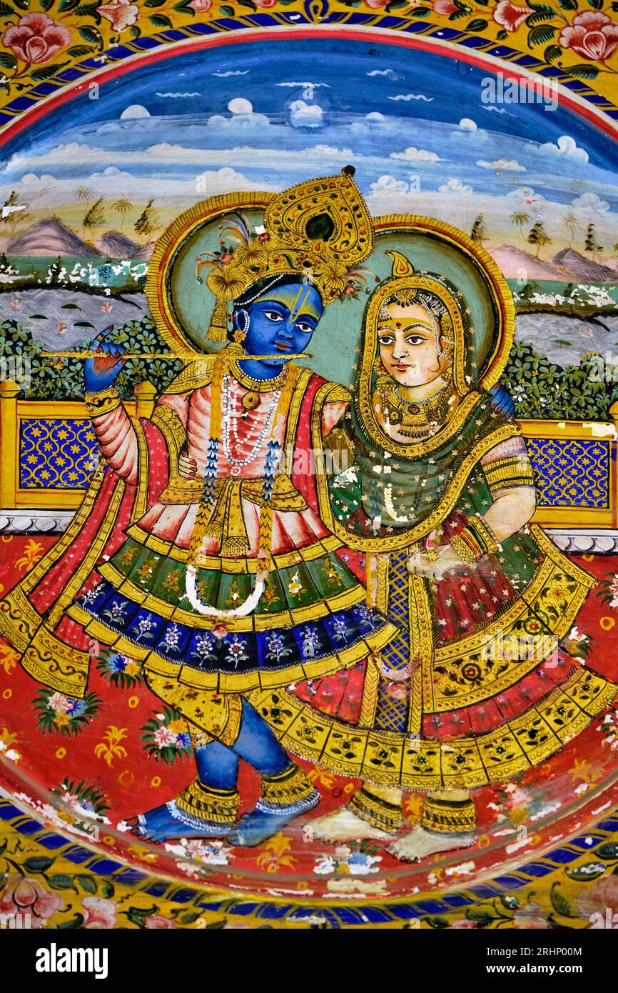 Indien, Rajasthan, Region Shekhawati, Dorf Mandawa, jhunjhunwala Haveli, goldener Raum, Gemälde, das den Tanz Krishnas mit den Gopis darstellt Stockfoto