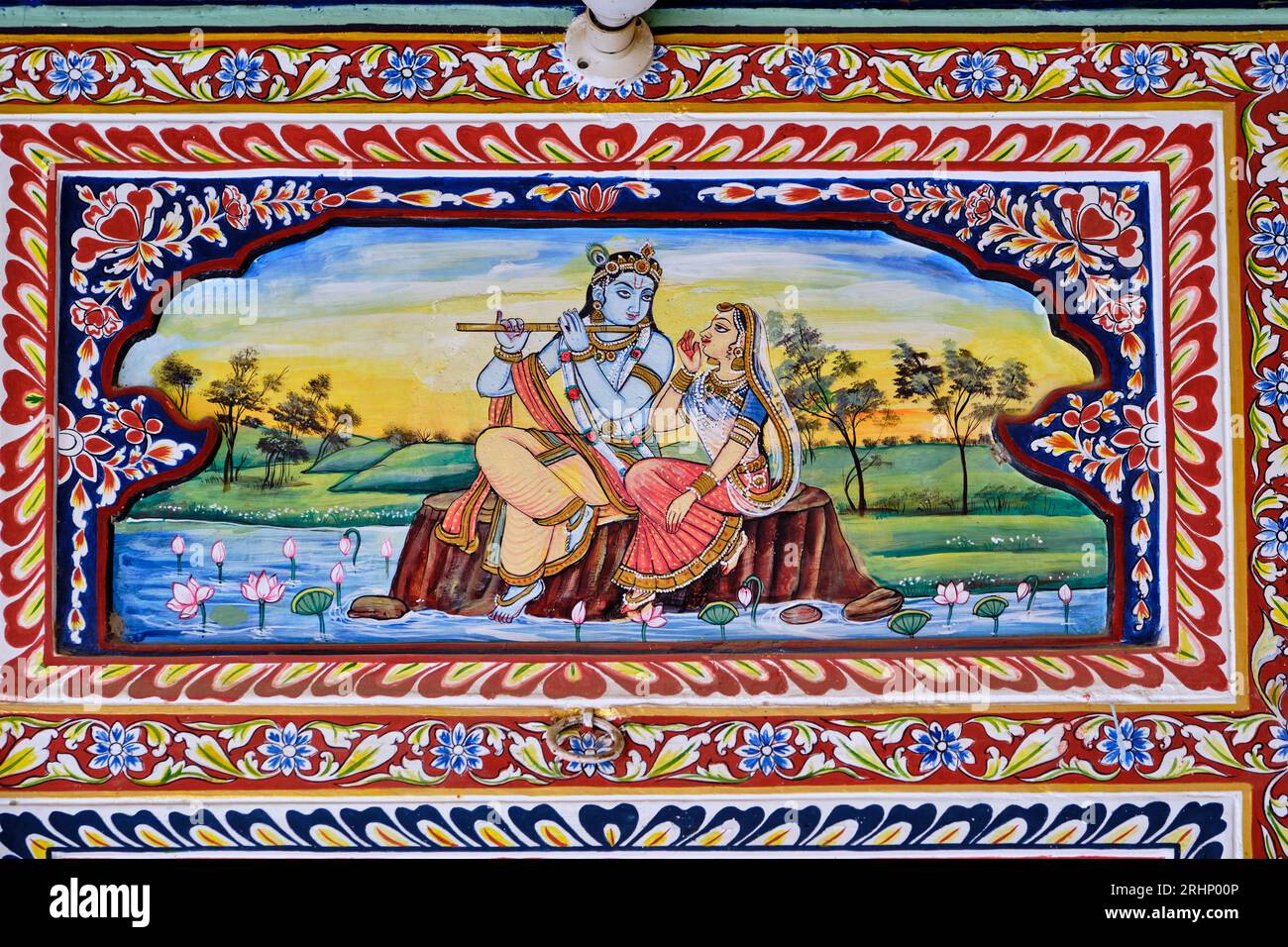 Indien, Rajasthan, Shekhawati Region, Mandawa Dorf, Malerei auf der Fassade eines alten Haveli, Krishna Gott Stockfoto