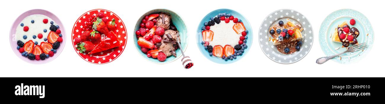 Set aus isolierten Desserts oder Snacks mit frischen Beeren. Griechischer Joghurt, ein Stück Kuchen, Eis und Käsekuchen auf bunten Tellern. Ideen für die Speisekarte Stockfoto