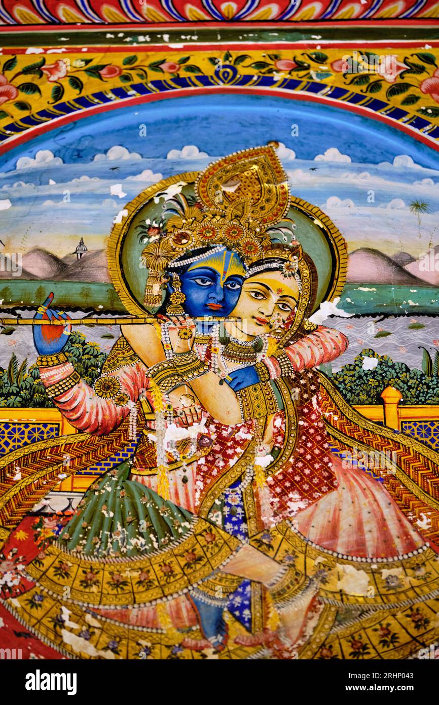 Indien, Rajasthan, Region Shekhawati, Dorf Mandawa, jhunjhunwala Haveli, goldener Raum, Gemälde, das den Tanz Krishnas mit den Gopis darstellt Stockfoto