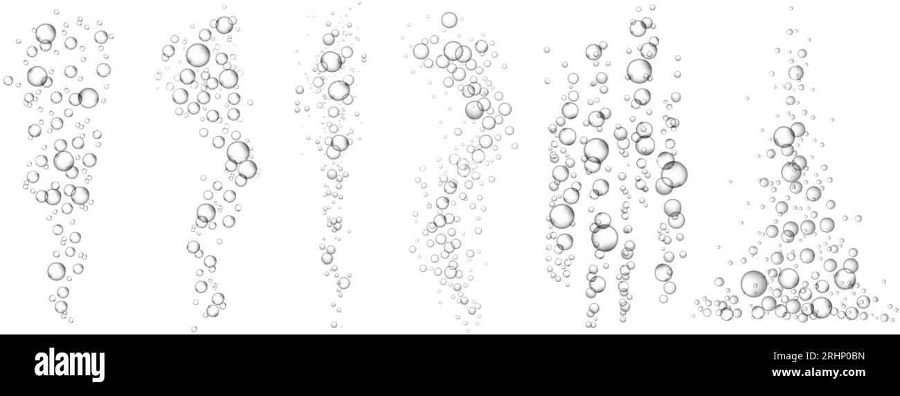 Kohlensäurehaltige Wasserblasen. Unter Wasser sprudelnde Luftblasen für kohlensäurehaltige Getränke. Schwimmende Sauerstoffkugeln visueller Effektvektor Stock Vektor