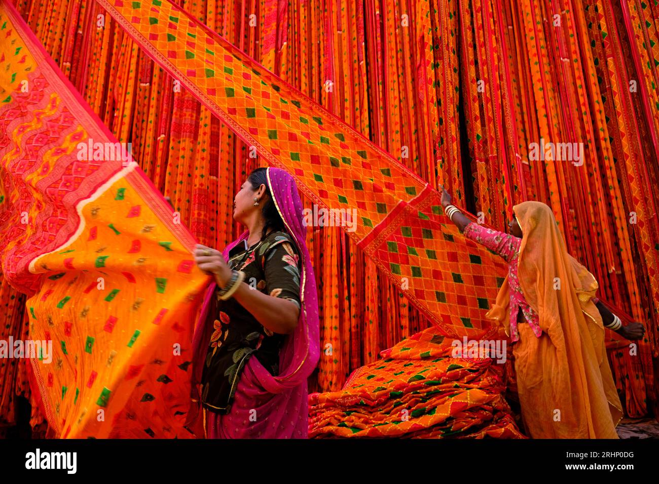 Indien, Rajasthan, Sari Factory, Textile sind an der frischen Luft getrocknet. Sammeln von trockenen Textil durch Frauen gefaltet werden Stockfoto