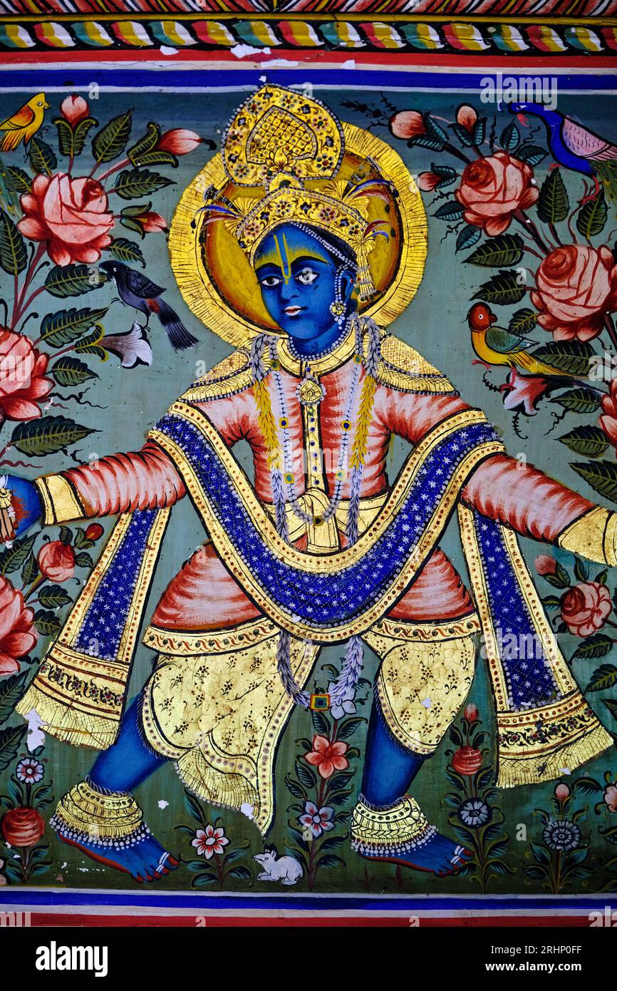 Indien, Rajasthan, Region Shekhawati, Dorf Mandawa, jhunjhunwala Haveli, goldener Raum, Gemälde, das den Tanz Krishnas mit den Gopis darstellt Stockfoto