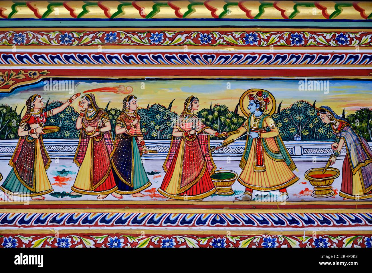 Indien, Rajasthan, Shekhawati Region, Mandawa Dorf, Malerei auf der Fassade eines alten Haveli, Krishna während des Holi Festivals Stockfoto