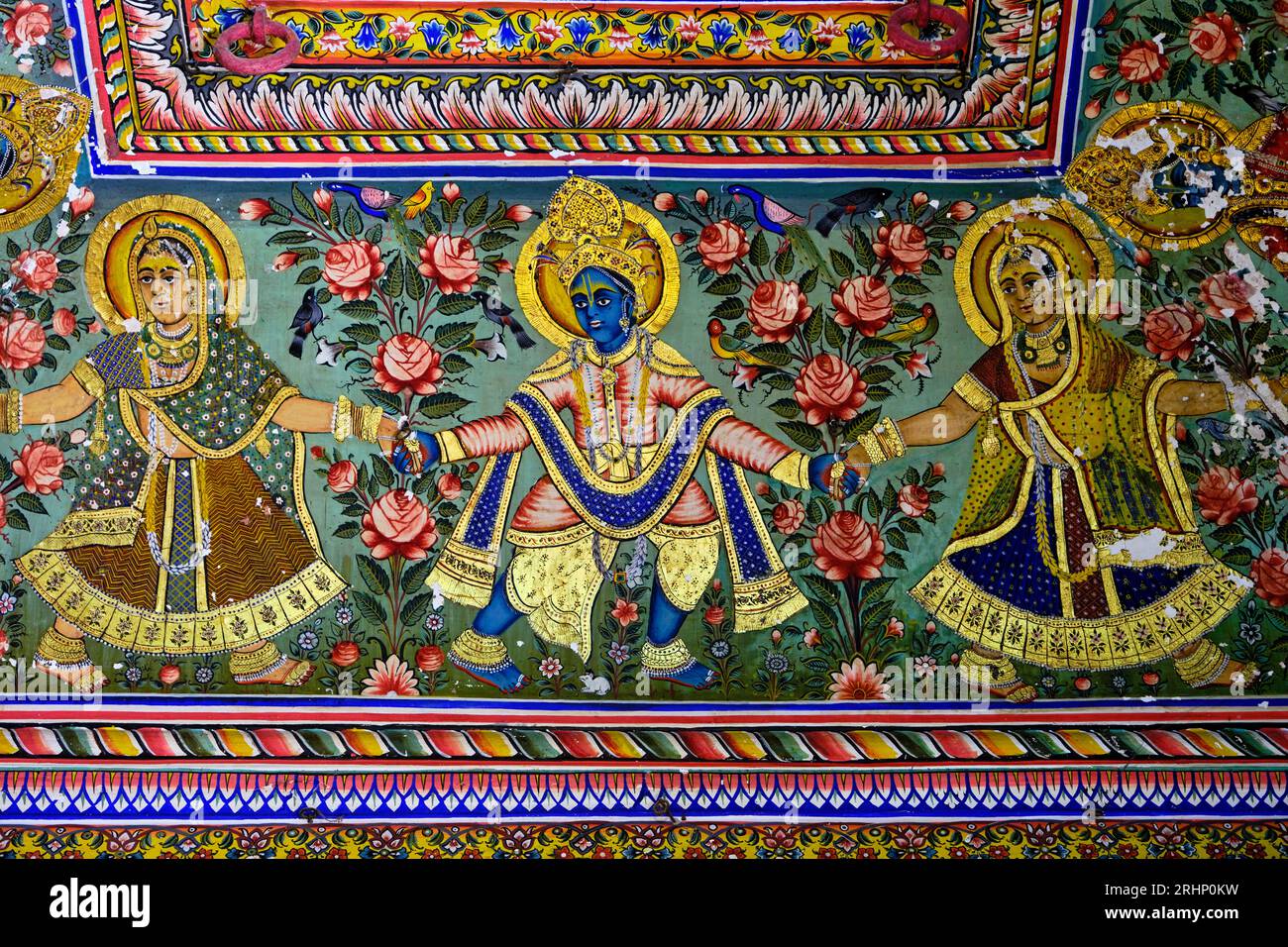 Indien, Rajasthan, Region Shekhawati, Dorf Mandawa, jhunjhunwala Haveli, goldener Raum, Gemälde, das den Tanz Krishnas mit den Gopis darstellt Stockfoto
