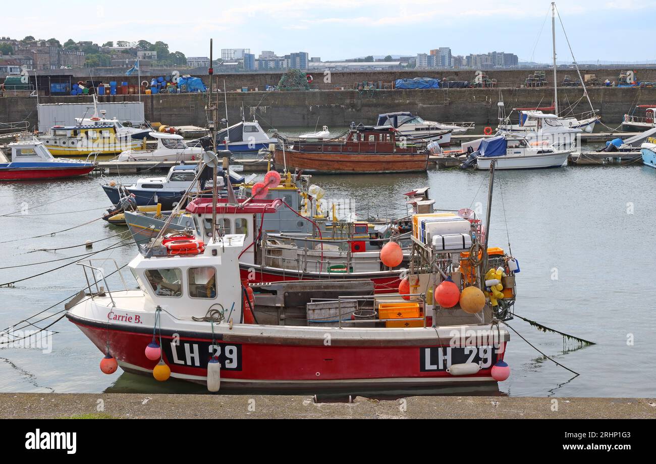 Fischerboote und Fischereifahrzeuge LH29 im sonnigen Hafen von Newhaven bei Flut, Leith, Edinburgh, Schottland, Vereinigtes Königreich, EH6 4LP Stockfoto