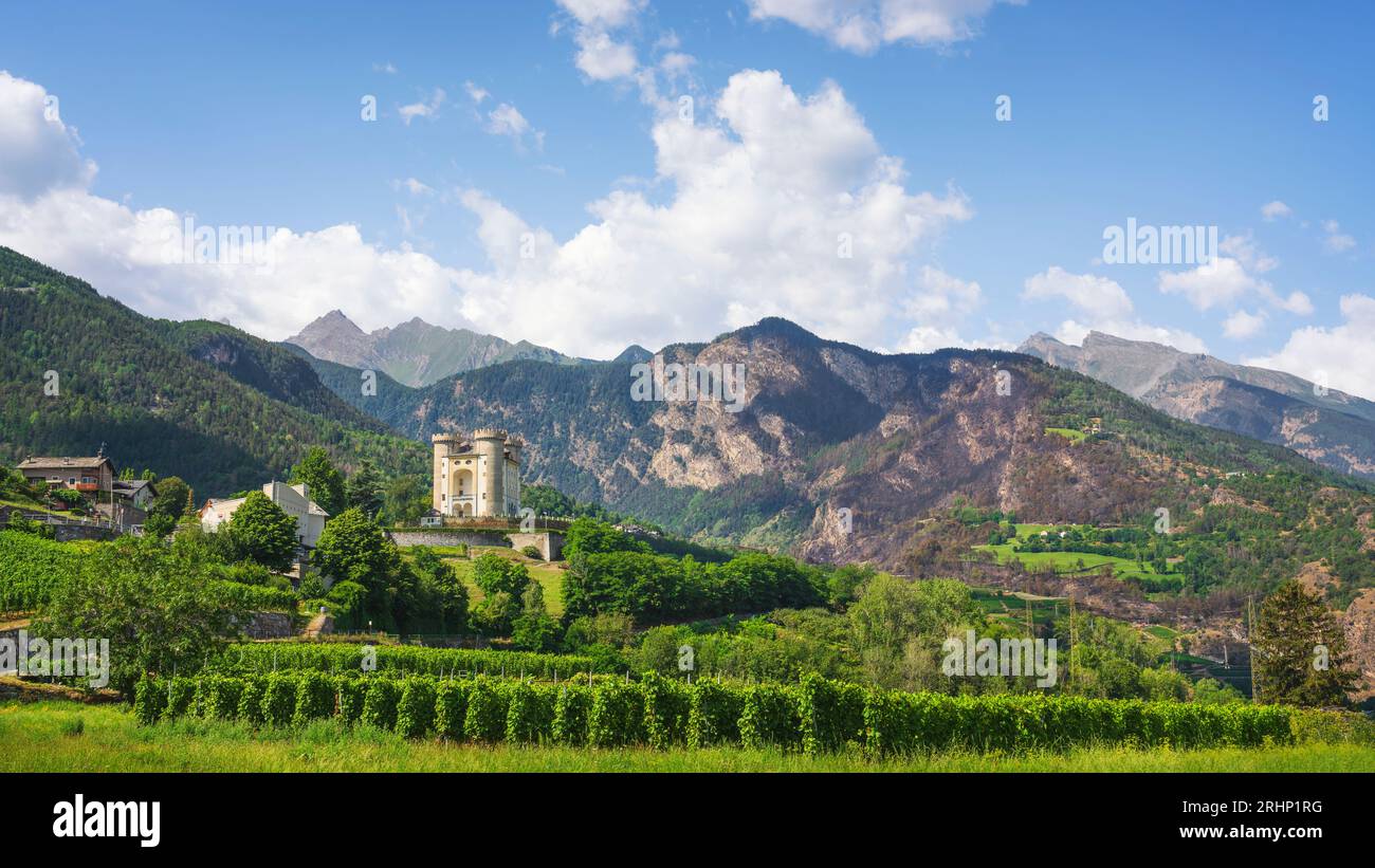 Panoramablick auf die Weinberge unter der Burg von Aymavilles. Aosta Valley Region, Italien Stockfoto
