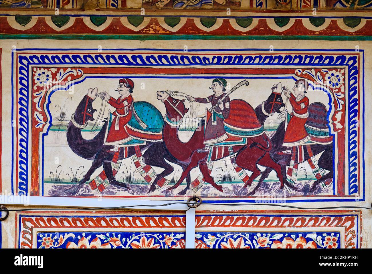 Indien, Rajasthan, Shekhawati Region, Fatehpur, Malerei auf der Fassade eines alten Haveli Stockfoto